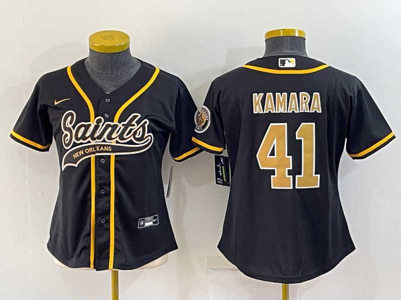 Womens New Orleans Saints #41 Alvin Kamara Black With Patch Cool Base Stitched Baseball Jersey->women nfl jersey->Women Jersey